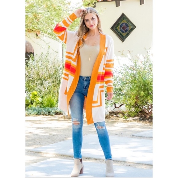🧡Amazing tribal pattern open cardigan in cream+orange+gold | Size M - Picture 4 of 12
